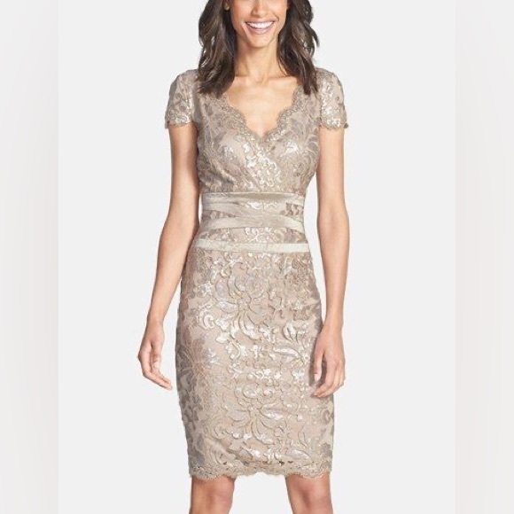 Tadashi Shoji Nude Sequin Embellished Sheath Dress Lace Short Sleeve Size 6 - Picture 1 of 8